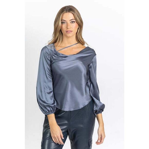 NWT! Cinq à Sept "Jordy" luxe Silk Cowl blouse Blue Shadow crossover strap Small - Picture 7 of 8
